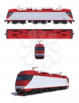 3d render illustration isolated on white: Projections and perspective view of the modern electric locomotive