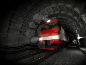 Modern fast red white electric locomotive in the dark tunnel with lights