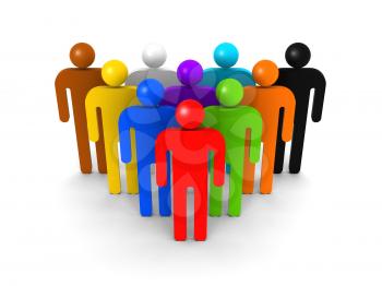 Colorful group of schematic people on white background with soft shadow. Crowd metaphor, 3d illustration