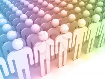 Schematic colorful abstract people standing in an array. Crowd concept digital 3d illustration