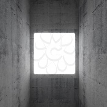 Empty white square screen glows in abstract concrete interior
