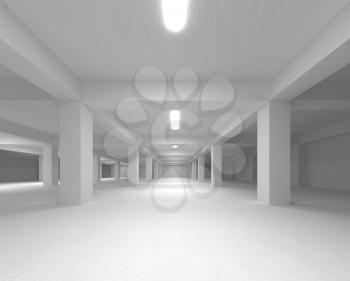 Perspective view of an abstract white empty underground parking interior