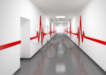 An abstract white hospital corridor with doors and red pulse lines on walls