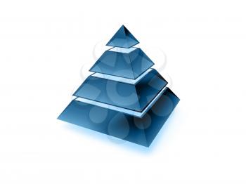 Illuminated layered pyramid made of dark blue glass isolated on white