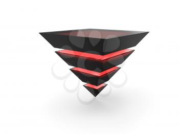 Illuminated with red layered pyramid made of black glass isolated on black background