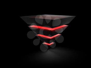 Illuminated with red layered pyramid made of black glass isolated on black background
