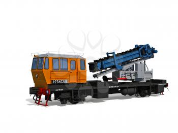 3d render illustration isolated on white: Perspective view of the modern support digger motor-rail car