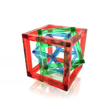 Abstract geometry. Red, green and blue wire-frame glass cubes within each other