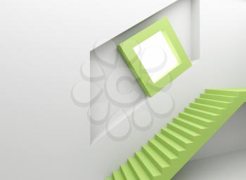 3d Abstract architecture background: white green interior fragment with stairway and lighting screen