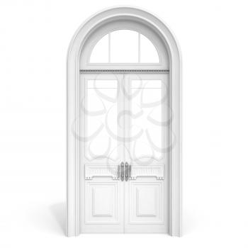Classical architecture style interior object: white wooden door with empty glass sections,  isolated on white with soft shadow