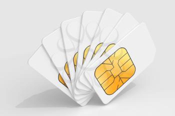White phone SIM cards in a deck above light gray background. 3d render illustration
