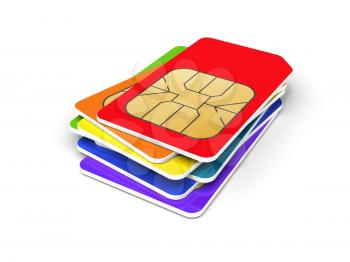 Stack of colorful phone SIM cards isolated on white background. 3d render illustration