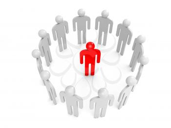 Twelve abstract white 3d people stand in ring with one red person inside. Condemnation illustration concept