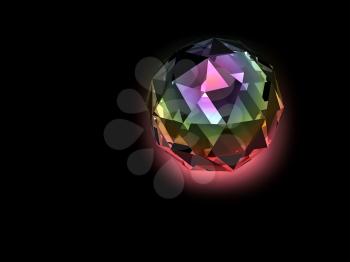 Colorful illuminated spherical crystal on the black background