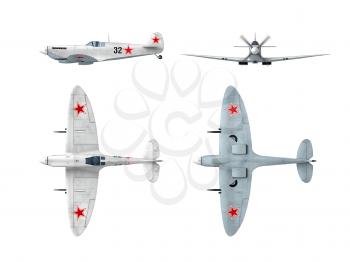Soviet winter painting version of English Spitfire Supermarine WWII fighter. Drawings from 3d model