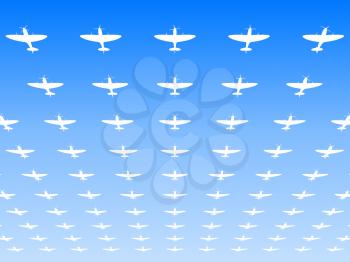 A massed formation of Spitfire Supermarine WWII fighters flying overhead. 3d illustration