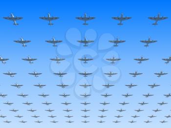 A massed formation of soviet version of Spitfire fighters flying overhead. 3d illustration