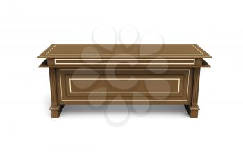 Brown wooden writing table, front side view isolated on white with soft shadow