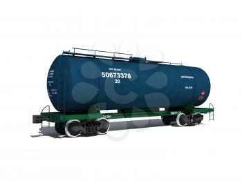 3d render illustration isolated on white: Perspective view of the modern blue tank car with text labels (Russian)