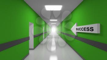 Success abstract 3d metaphor illustration. Green office corridor interior with text label on white arrow