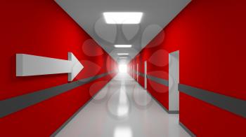 Career abstract 3d metaphor illustration. Red office corridor interior with white arrow