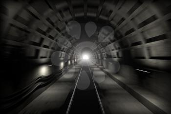 3d render: Fast train travel in the subway tunnel. View from the driver cabin with motion blur and lens flare from the end of tunnel.