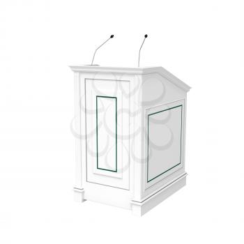 Classical architecture style interior object. White wooden podium, half-turn isolated on white