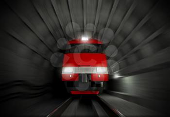 Modern fast red white electric locomotive in the dark tunnel