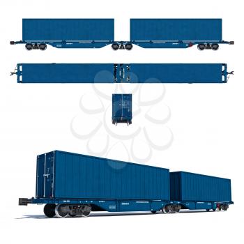 3d render illustration isolated on white: Projections and perspective view of the modern blue container twin carriage