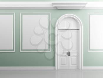 Classical architecture style interior background texture. Light green walls with white design elements and door
