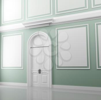 Abstract palace interior fragment with light green walls and white door