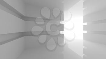 Abstract white empty room interior with glowing doorway. 3d render illustration
