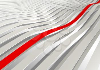 Abstract background: white 3d wave stripes with one red