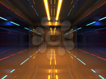 Abstract 3d interior with colorful neon lights in shining corridor