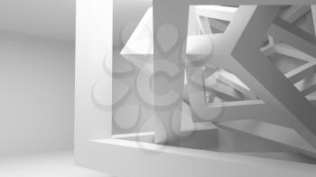White room interior with abstract construction of cubes. 3d render illustration