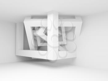 White room interior with abstract construction of cubes in the corner. 3d render