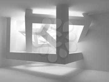 White room interior with abstract construction of cubes in the corner. 3d illustration