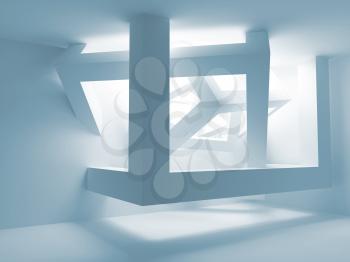Blue room interior with abstract construction of cubes in the corner. 3d illustration
