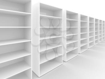 Row of empty white cabinets on white background with soft shadow