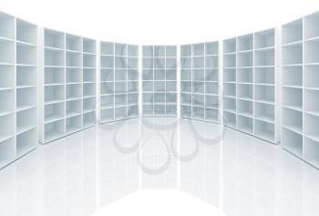 Empty white cabinets with cells stand on white background