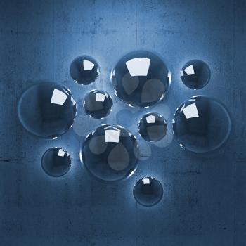 Abstract 3d background with shining spheres on blue concrete wall