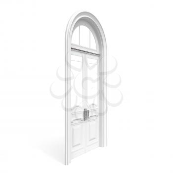 Classical architecture style interior object: white wooden door, half-turn isolated on white