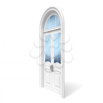 Classical architecture style interior object: white wooden door with reflected glass sections,  isolated on white