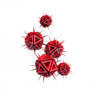 Abstract illustration of a virus as a few red sharp objects with spikes isolated on white background