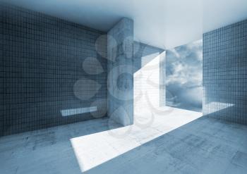 Abstract blue empty room interior with concrete floor and tile on walls