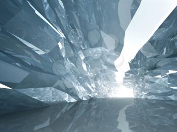 Abstract cool background. Bent crystal corridor with rugged walls and glowing end