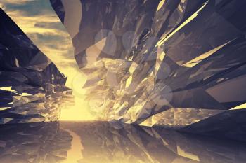 Abstract digital 3d background. Bent crystal corridor with rugged walls and glowing end. Golden light toned effect, Instagram filter