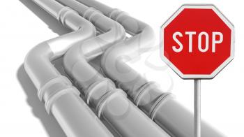 Industrial metal pipeline with stop sign on white background