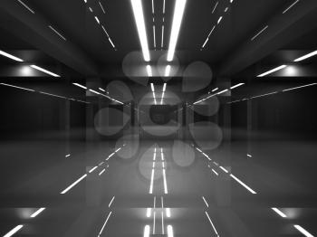 Abstract dark modern interior with shining black mirror walls and white neon lights