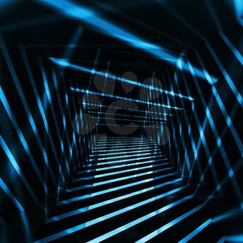 Abstract dark 3d interior background with blue night light beams